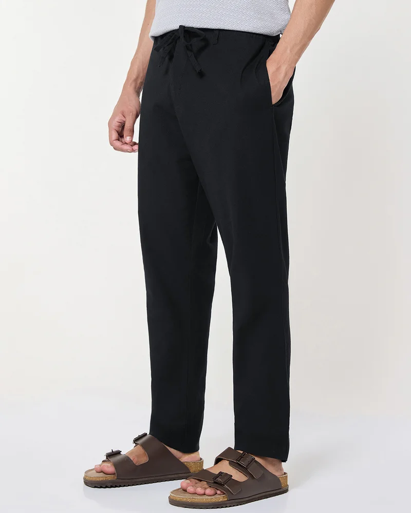 بيواكوف Men's Jet Black Cotton Linen Pants